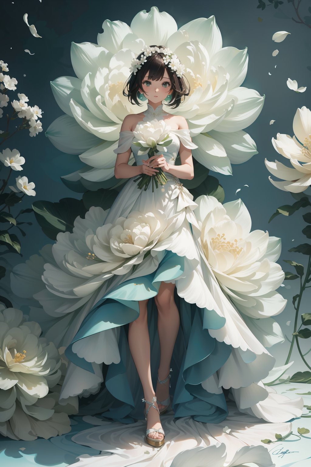 8k, Best Quality, Masterpiece,Super Detail,High sense photo, ((1girl)), full body, looking at viewer,  floral dress, simple background, flower, signature, blood, white flower, green background, bouquet, still life  <lora:floral dress:1.4>