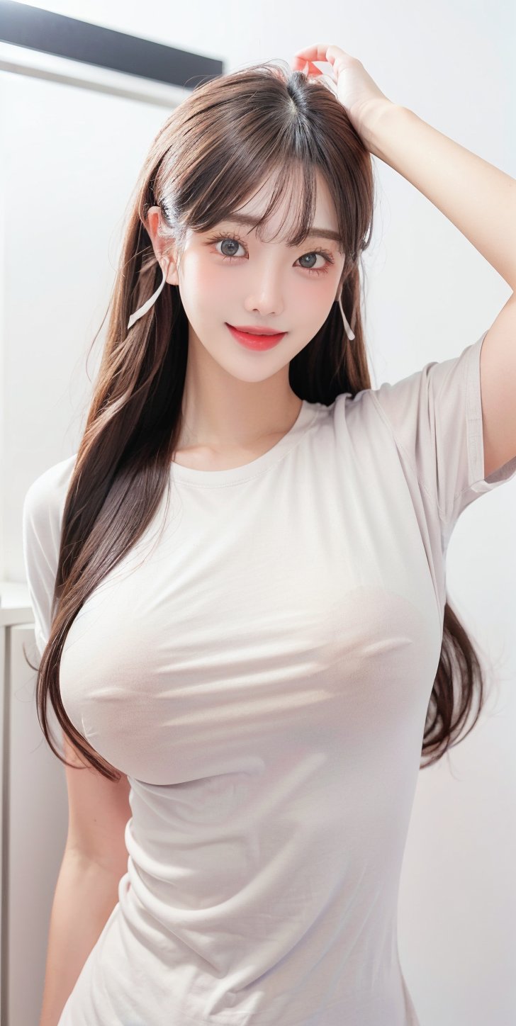(Currently: 1.5), (light brown semi-long hair: 1.2), (beautiful eyes: 1.2), blue eyes, medium big breasts, (voluptuous body: 1.2), (long T-shirt: 1.5), (Tie your hair: 1.3), (Costume with ribbon: 1.4), dynamic pose, (blush: 1.2), (smile: 1.1), close mouth, (upper body: 1.5), front view, (Closet room: 1.5), dynamic angle, ((Pale: 1.2) Vivid colors: 1.2), White background, (Blurred background: 1.7), (Real: 1.2),1girl,1 girl 