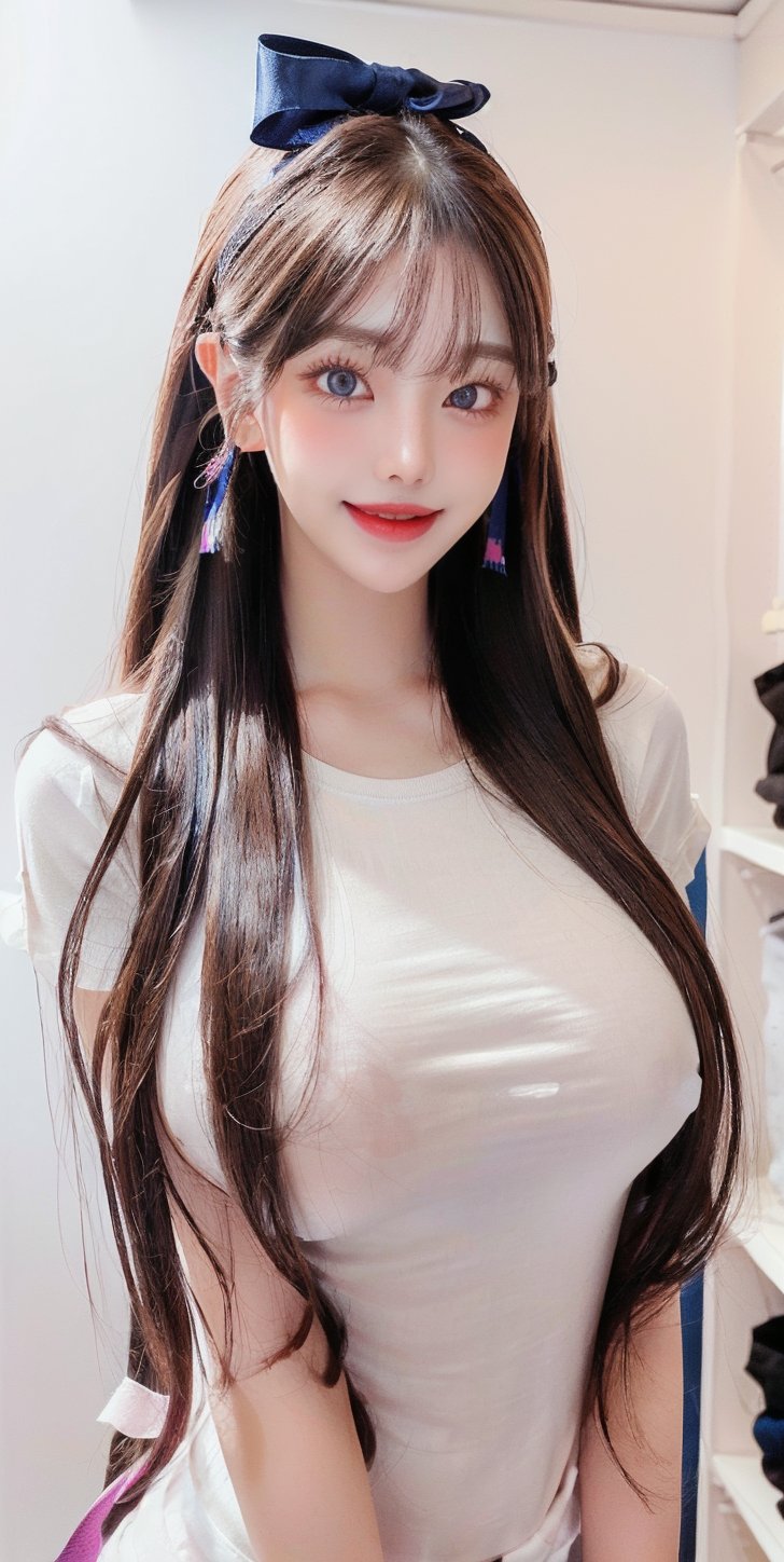 (Currently: 1.5), (light brown semi-long hair: 1.2), (beautiful eyes: 1.2), blue eyes, medium big breasts, (voluptuous body: 1.2), (long T-shirt: 1.5), (Tie your hair: 1.3), (Costume with ribbon: 1.4), dynamic pose, (blush: 1.2), (smile: 1.1), close mouth, (upper body: 1.5), front view, (Closet room: 1.5), dynamic angle, ((Pale: 1.2) Vivid colors: 1.2), White background, (Blurred background: 1.7), (Real: 1.2),1girl