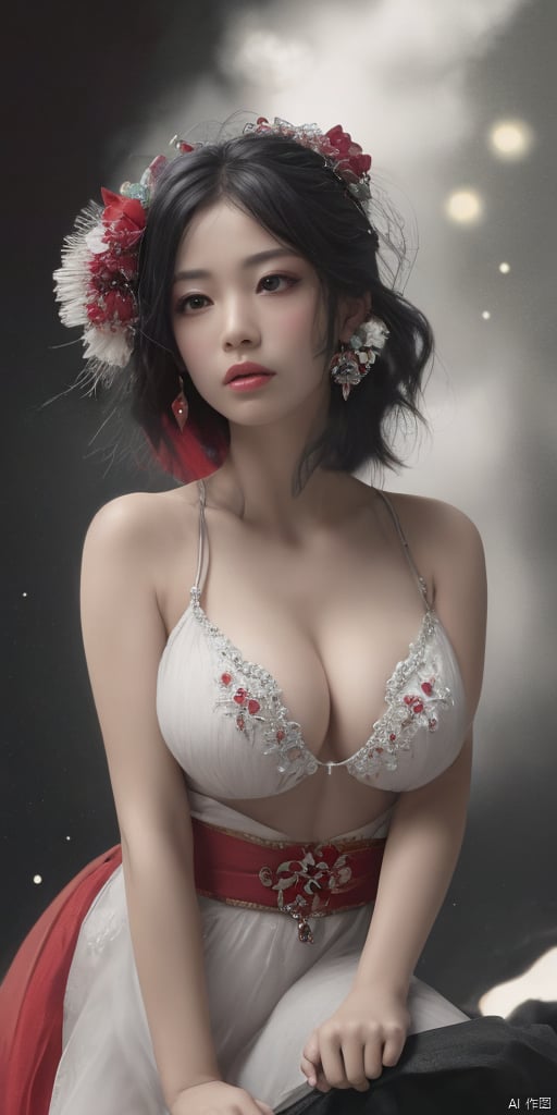  1girl,Han Chinese girls,Hanfu,chinese clothes,white themes,large breasts,jewelry, earrings,lips, makeup, portrait, eyeshadow, realistic, nose,{{best quality}}, {{masterpiece}}, {{ultra-detailed}}, {illustration}, {detailed light}, {an extremely delicate and beautiful}, a girl, {beautiful detailed eyes}, stars in the eyes, messy floating hair, colored inner hair, Starry sky adorns hair, depth of field, large breasts,cleavage,blurry, no humans, traditional media, gem, crystal, still life, Dance,movements, All the Colours of the Rainbow,zj,
simple background, shiny, blurry, no humans, depth of field, black background, gem, crystal, realistic, red gemstone, still life,
