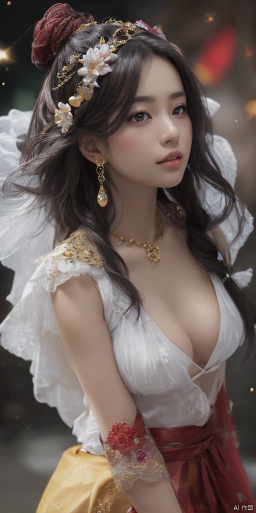  1girl,Han Chinese girls,Hanfu,chinese clothes,white themes,large breasts,jewelry, earrings,lips, makeup, portrait, eyeshadow, realistic, nose,{{best quality}}, {{masterpiece}}, {{ultra-detailed}}, {illustration}, {detailed light}, {an extremely delicate and beautiful}, a girl, {beautiful detailed eyes}, stars in the eyes, messy floating hair, colored inner hair, Starry sky adorns hair, depth of field, large breasts,cleavage,blurry, no humans, traditional media, gem, crystal, still life, Dance,movements, All the Colours of the Rainbow,zj,
simple background, shiny, blurry, no humans, depth of field, black background, gem, crystal, realistic, red gemstone, still life,
