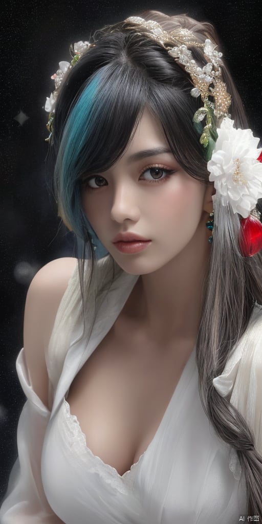  1girl,Han Chinese girls,Hanfu,chinese clothes,white themes,large breasts,jewelry, earrings,lips, makeup, portrait, eyeshadow, realistic, nose,{{best quality}}, {{masterpiece}}, {{ultra-detailed}}, {illustration}, {detailed light}, {an extremely delicate and beautiful}, a girl, {beautiful detailed eyes}, stars in the eyes, messy floating hair, colored inner hair, Starry sky adorns hair, depth of field, large breasts,cleavage,blurry, no humans, traditional media, gem, crystal, still life, Dance,movements, All the Colours of the Rainbow,zj,
simple background, shiny, blurry, no humans, depth of field, black background, gem, crystal, realistic, red gemstone, still life,
