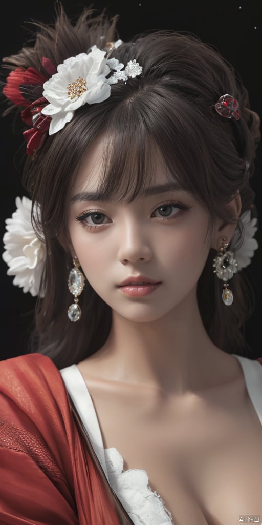  1girl,Han Chinese girls,Hanfu,chinese clothes,white themes,large breasts,jewelry, earrings,lips, makeup, portrait, eyeshadow, realistic, nose,{{best quality}}, {{masterpiece}}, {{ultra-detailed}}, {illustration}, {detailed light}, {an extremely delicate and beautiful}, a girl, {beautiful detailed eyes}, stars in the eyes, messy floating hair, colored inner hair, Starry sky adorns hair, depth of field, large breasts,cleavage,blurry, no humans, traditional media, gem, crystal, still life, Dance,movements, All the Colours of the Rainbow,zj,
simple background, shiny, blurry, no humans, depth of field, black background, gem, crystal, realistic, red gemstone, still life,
