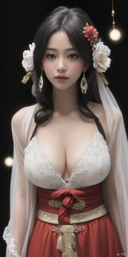  1girl,Han Chinese girls,Hanfu,chinese clothes,white themes,large breasts,jewelry, earrings,lips, makeup, portrait, eyeshadow, realistic, nose,{{best quality}}, {{masterpiece}}, {{ultra-detailed}}, {illustration}, {detailed light}, {an extremely delicate and beautiful}, a girl, {beautiful detailed eyes}, stars in the eyes, messy floating hair, colored inner hair, Starry sky adorns hair, depth of field, large breasts,cleavage,blurry, no humans, traditional media, gem, crystal, still life, Dance,movements, All the Colours of the Rainbow,zj,
simple background, shiny, blurry, no humans, depth of field, black background, gem, crystal, realistic, red gemstone, still life,
