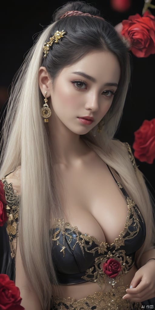  1girl,Han Chinese girls,yellow Hanfu,chinese clothes,large breasts,Black Rose,jewelry, earrings,lips, makeup, portrait, eyeshadow, realistic, nose,{{best quality}}, {{masterpiece}}, {{ultra-detailed}}, {illustration}, {detailed light}, {an extremely delicate and beautiful}, a girl, {beautiful detailed eyes}, stars in the eyes, messy floating hair, colored inner hair, Starry sky adorns hair, depth of field, large breasts,cleavage,blurry, no humans, traditional media, gem, crystal, still life, Dance,movements, All the Colours of the Rainbow,zj,
simple background, shiny, blurry, no humans, depth of field, black background, gem, crystal, realistic, red gemstone, still life,
