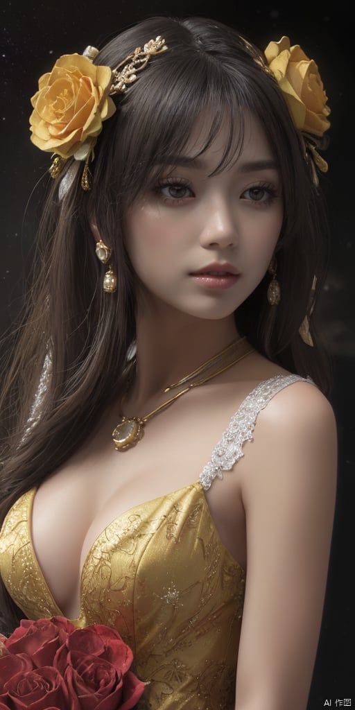  1girl,Han Chinese girls,yellow Hanfu,chinese clothes,large breasts,Yellow rose,jewelry, earrings,lips, makeup, portrait, eyeshadow, realistic, nose,{{best quality}}, {{masterpiece}}, {{ultra-detailed}}, {illustration}, {detailed light}, {an extremely delicate and beautiful}, a girl, {beautiful detailed eyes}, stars in the eyes, messy floating hair, colored inner hair, Starry sky adorns hair, depth of field, large breasts,cleavage,blurry, no humans, traditional media, gem, crystal, still life, Dance,movements, All the Colours of the Rainbow,zj,
simple background, shiny, blurry, no humans, depth of field, black background, gem, crystal, realistic, red gemstone, still life,
