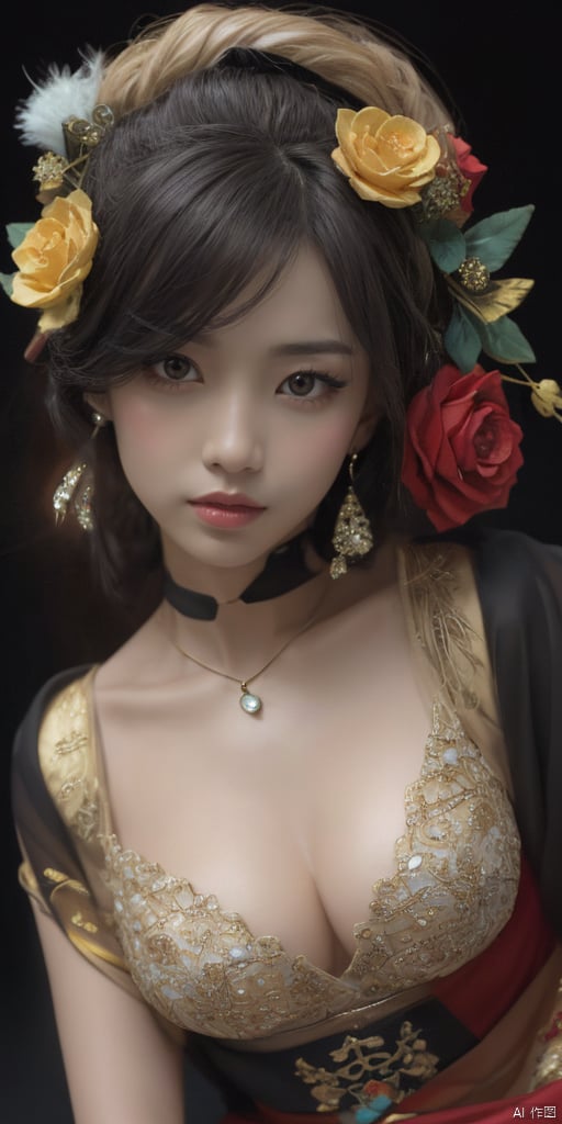  1girl,Han Chinese girls,yellow Hanfu,chinese clothes,large breasts,Black Rose,jewelry, earrings,lips, makeup, portrait, eyeshadow, realistic, nose,{{best quality}}, {{masterpiece}}, {{ultra-detailed}}, {illustration}, {detailed light}, {an extremely delicate and beautiful}, a girl, {beautiful detailed eyes}, stars in the eyes, messy floating hair, colored inner hair, Starry sky adorns hair, depth of field, large breasts,cleavage,blurry, no humans, traditional media, gem, crystal, still life, Dance,movements, All the Colours of the Rainbow,zj,
simple background, shiny, blurry, no humans, depth of field, black background, gem, crystal, realistic, red gemstone, still life,
