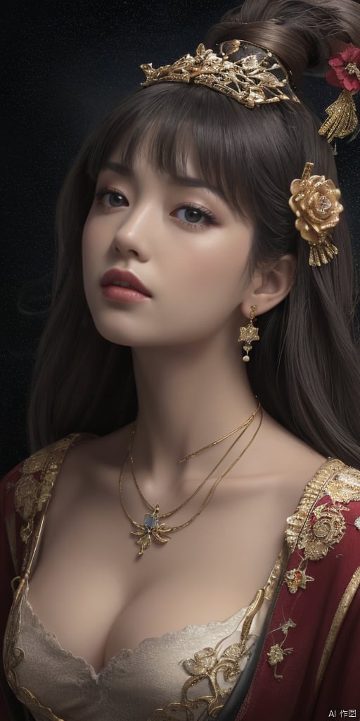  1girl,Han Chinese girls,yellow Hanfu,chinese clothes,large breasts,Black Rose,jewelry, earrings,lips, makeup, portrait, eyeshadow, realistic, nose,{{best quality}}, {{masterpiece}}, {{ultra-detailed}}, {illustration}, {detailed light}, {an extremely delicate and beautiful}, a girl, {beautiful detailed eyes}, stars in the eyes, messy floating hair, colored inner hair, Starry sky adorns hair, depth of field, large breasts,cleavage,blurry, no humans, traditional media, gem, crystal, still life, Dance,movements, All the Colours of the Rainbow,zj,
simple background, shiny, blurry, no humans, depth of field, black background, gem, crystal, realistic, red gemstone, still life,
