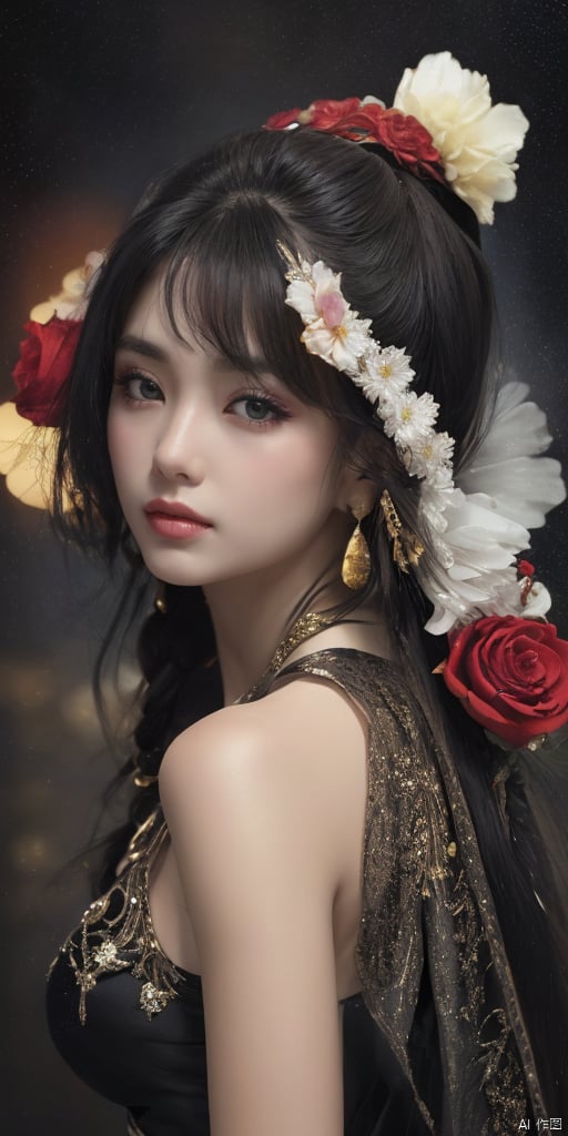  1girl,Han Chinese girls,yellow Hanfu,chinese clothes,large breasts,Black Rose,jewelry, earrings,lips, makeup, portrait, eyeshadow, realistic, nose,{{best quality}}, {{masterpiece}}, {{ultra-detailed}}, {illustration}, {detailed light}, {an extremely delicate and beautiful}, a girl, {beautiful detailed eyes}, stars in the eyes, messy floating hair, colored inner hair, Starry sky adorns hair, depth of field, large breasts,cleavage,blurry, no humans, traditional media, gem, crystal, still life, Dance,movements, All the Colours of the Rainbow,zj,
simple background, shiny, blurry, no humans, depth of field, black background, gem, crystal, realistic, red gemstone, still life,
