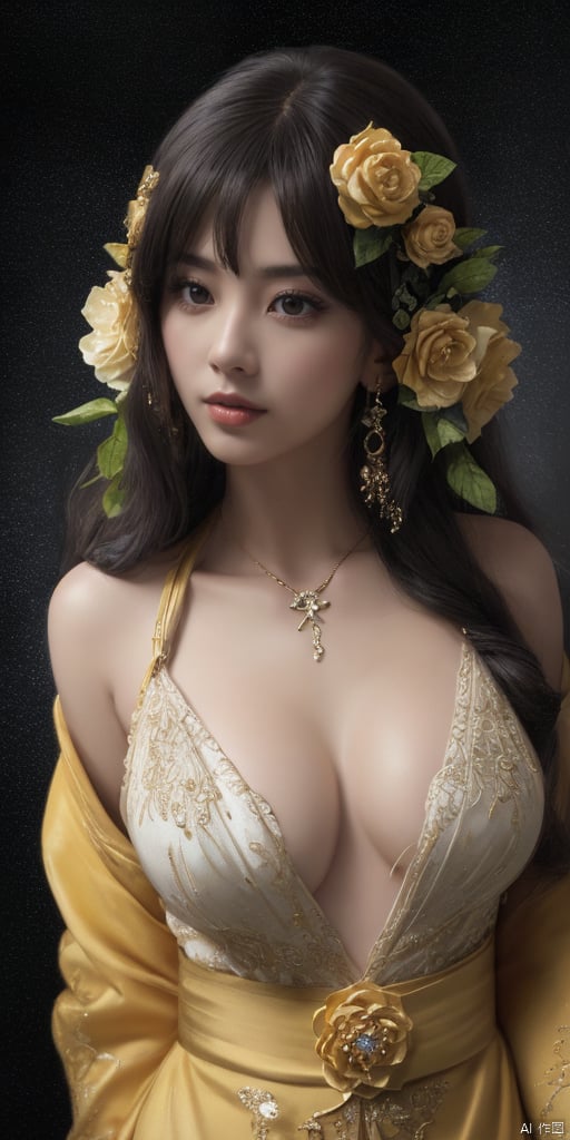  1girl,Han Chinese girls,yellow Hanfu,chinese clothes,large breasts,Yellow rose,jewelry, earrings,lips, makeup, portrait, eyeshadow, realistic, nose,{{best quality}}, {{masterpiece}}, {{ultra-detailed}}, {illustration}, {detailed light}, {an extremely delicate and beautiful}, a girl, {beautiful detailed eyes}, stars in the eyes, messy floating hair, colored inner hair, Starry sky adorns hair, depth of field, large breasts,cleavage,blurry, no humans, traditional media, gem, crystal, still life, Dance,movements, All the Colours of the Rainbow,zj,
simple background, shiny, blurry, no humans, depth of field, black background, gem, crystal, realistic, red gemstone, still life,
