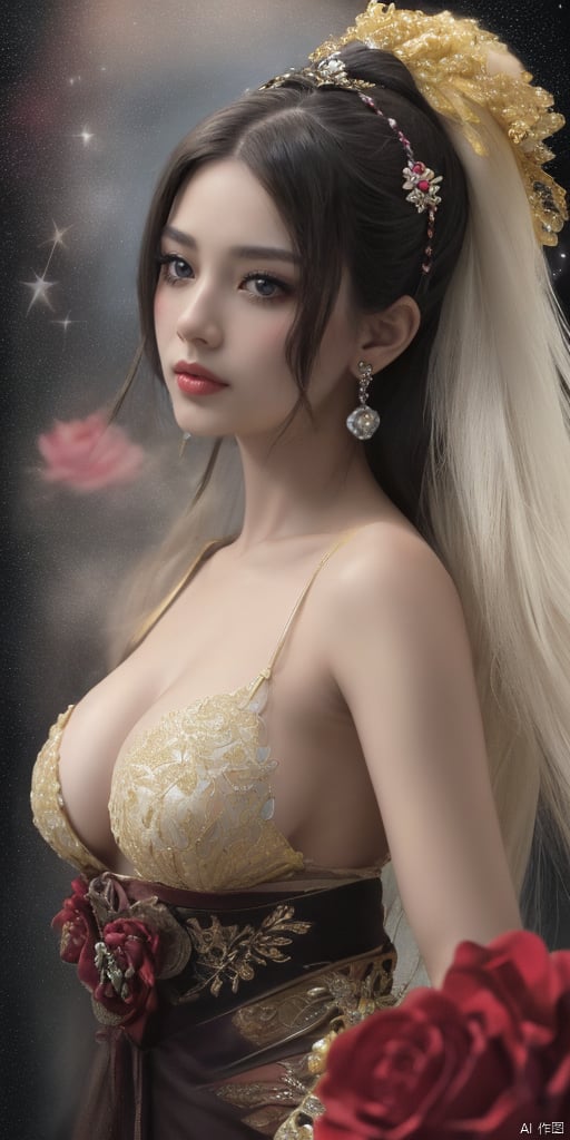  1girl,Han Chinese girls,yellow Hanfu,chinese clothes,large breasts,Black Rose,jewelry, earrings,lips, makeup, portrait, eyeshadow, realistic, nose,{{best quality}}, {{masterpiece}}, {{ultra-detailed}}, {illustration}, {detailed light}, {an extremely delicate and beautiful}, a girl, {beautiful detailed eyes}, stars in the eyes, messy floating hair, colored inner hair, Starry sky adorns hair, depth of field, large breasts,cleavage,blurry, no humans, traditional media, gem, crystal, still life, Dance,movements, All the Colours of the Rainbow,zj,
simple background, shiny, blurry, no humans, depth of field, black background, gem, crystal, realistic, red gemstone, still life,
