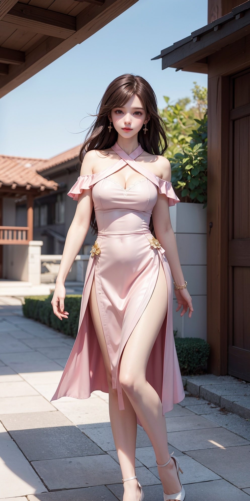 1girl,solo,dress,brown hair,long hair,smile,pink dress,outdoors,looking at viewer,blurry,photo background,brown eyes,blurry background,, (raw photo:1.2),((photorealistic:1.4))best quality,masterpiece,illustration,an extremely delicate and beautiful,extremely detailed,CG,unity,8k wallpaper,Amazing,finely detail,masterpiece,best quality,official art,extremely detailed CG unity 8k wallpaper,absurdres,incredibly absurdres,huge filesize,ultra-detailed,highres,extremely detailed,beautiful detailed girl,cinematic lighting,1girl,pale skin,tall female,(perfect body shape),skinny body,Slender legs,, pale skin,tall man,long legs,thin leg,