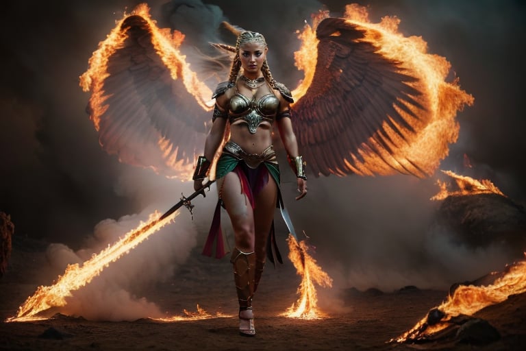 In a mystical realm where heaven and earth converge, one angelic warrior,. One female warrior, blond long Hip Cornrows Braids, adorned in celestial armor, wields a dual sword wreathed in crimson flames,photorealistic,depth of field  angel in hell, burning wings,  behind the devil defeated on the ground in pieces,