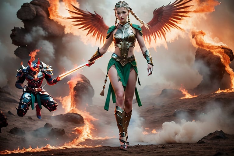 In a mystical realm where heaven and earth converge, one angelic warrior,. One female warrior, blond long Hip Cornrows Braids, adorned in celestial golden armor, wields a dual sword wreathed in crimson flames,photorealistic,depth of field  angel in hell, burning wings,  behind the devil defeated on the ground in pieces,