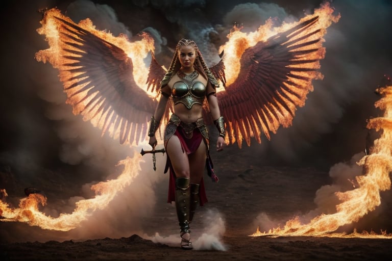 In a mystical realm where heaven and earth converge, one angelic warrior,. One female warrior, blond long Hip Cornrows Braids, adorned in celestial golden armor, wields a dual sword wreathed in crimson flames,photorealistic,depth of field  angel in hell, burning wings,  behind the devil defeated on the ground in pieces,