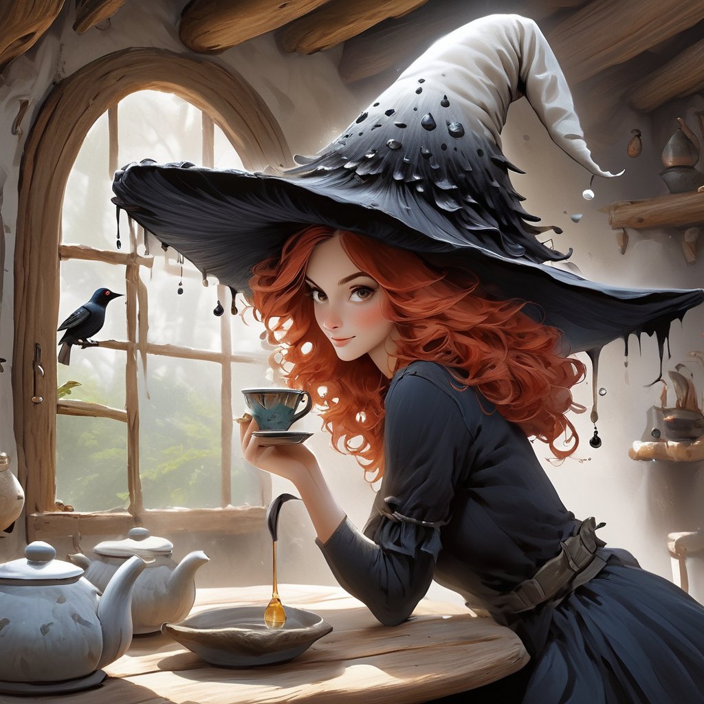 Happy mood, Redhead inkycapwitch drinking tea, a small starling bird perched on her hat, witch's cottage interior, window, sunny day, cozy, masterpiece, best quality, sharp focus, digital illustration, a1sw-InkyCapWitch,ct-niji2,sm1cdrip-witchhat