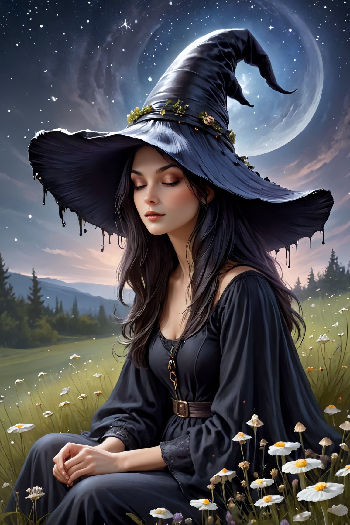 a witch sitting in the grass, stargazing, on a grassy hill of nightblooming wildflowers, a1sw-InkyCapWitch wearing sm1cdrip-witchhat, dreamy night scene, sharp focus, by tombagshaw and magali villeneuve,a1sw-InkyCapWitch