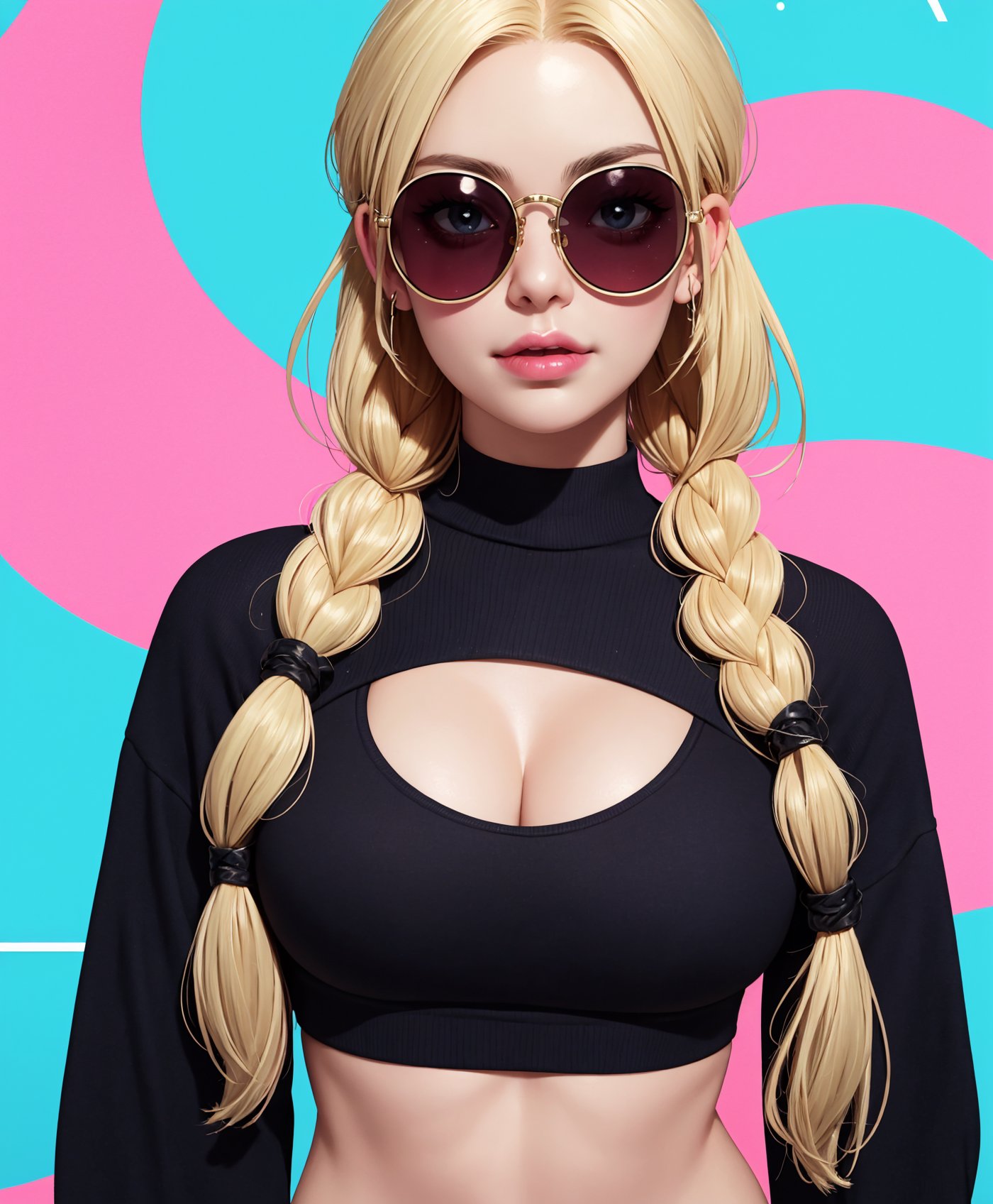 portrait,beautiful 22 year old hippie,blonde hair in braids,sunglasses,playful,tiedie long sleeved crop top,cleavage,colorful background