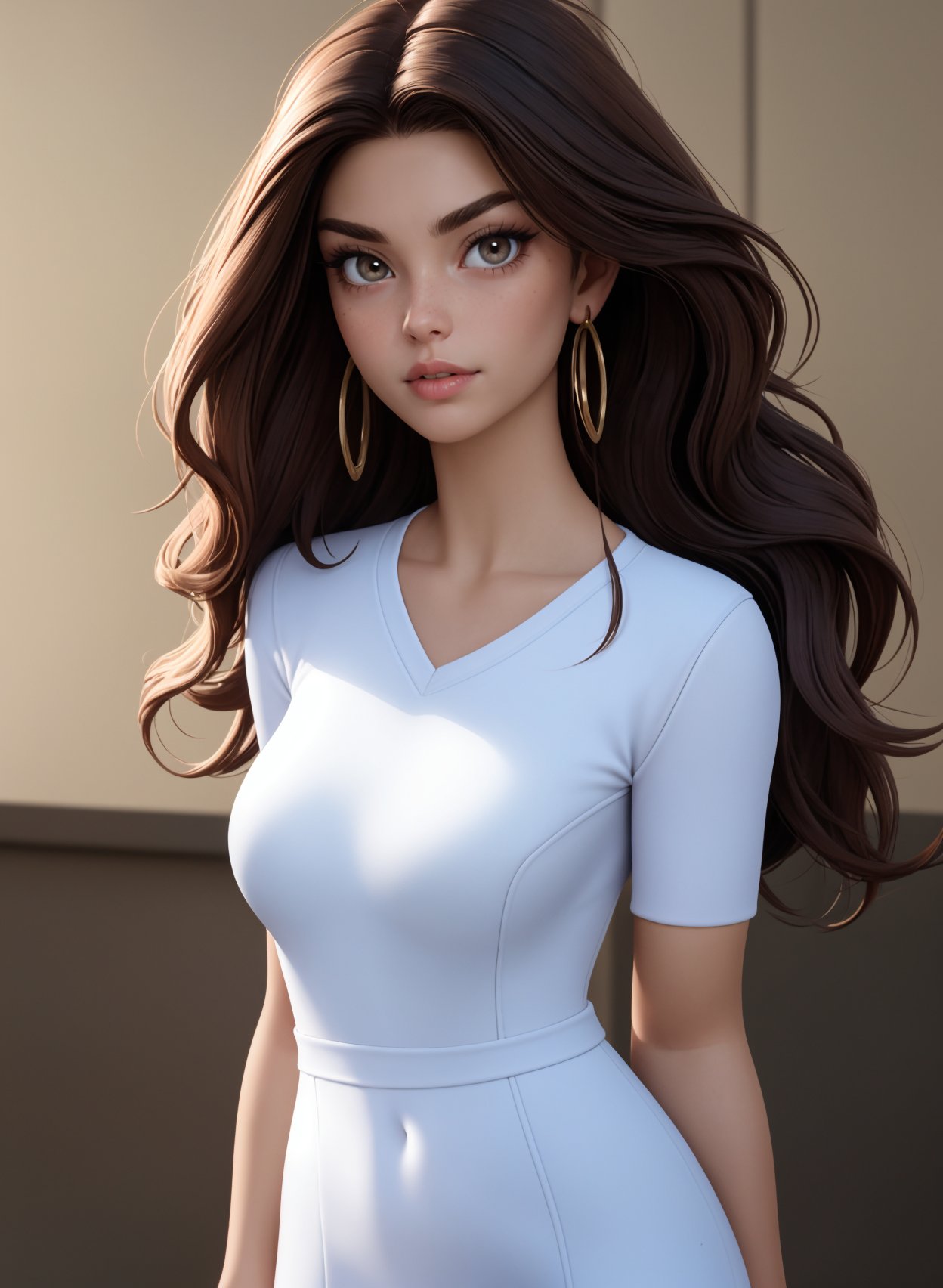 masterpiece, best quality, highres, (photorealistic:1.3), (depth of field:1.3), detailed beautiful face, ((1 woman)), thigh gap (30-year- old brunette beautiful slender petite woman supermodel), (wide jaw sharp jawline), (long wavy thick brunette hair), (perfect oval large eyes that gazes at the viewer), beautiful detailed face, hazel eyes, (attractive adult woman:1.3), (thick amazing hair), (seductive:1.1))