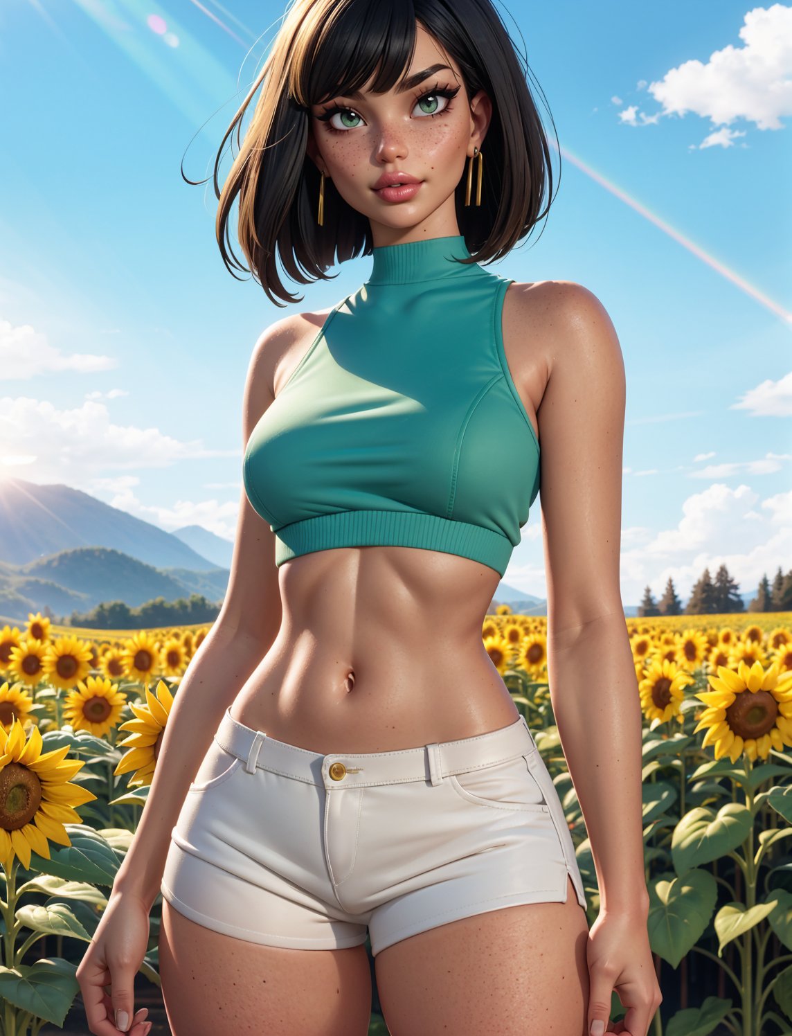 (masterpiece, best quality, hires, high resolution:1.2), extremely detailed, realistic, intricate details, highres, 1girl, solo, black hair, green IncursioDipDyedHair, Bob with Bangs, single hair intake, light smile, blush, freckles, eyeliner, eyeshadow, eyelashes, green eyes, wearing high neck sleeveless top with short shorts, underboob, choker, (small breasts, thick thighs, wide hips), (sunlight, cinematic lighting, backlighting, bloom), in a sunflower meadow, getting undressed, looking at viewer, shoulder-level shot,
