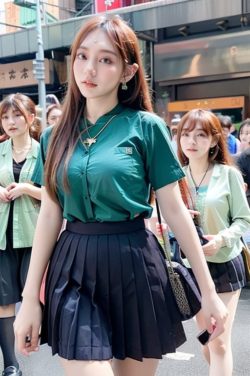 young Taiwanese Girls with long hair, big breasts, wearing  taiwan uniform（(cleveage)),(((star necklace))),((large earrings)), , miniskirt ,（walking  in taipei  city with shopping bag ) , perfect breasts,beautiful breasts, ((3 girls)), ( Taipei), ((twuniform)),((blur background)),((no text))
