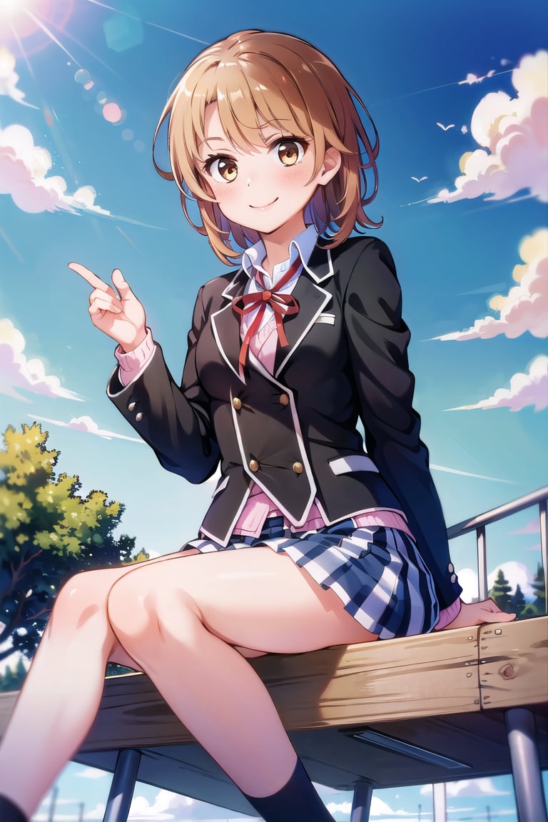 Masterpiece,Best  Quality, High Quality, (Sharp Picture Quality), Brown hair, short hair, uniform, black jacket, red ribbon, pink browser, check skirt, pleated skirt, best smile, schoolyard, beautiful landscape, school, blue sky, piece,((Lift the skirt by hand)),Sitting, panchira, strong wind,<lora:EMS-306201-EMS:1.000000>