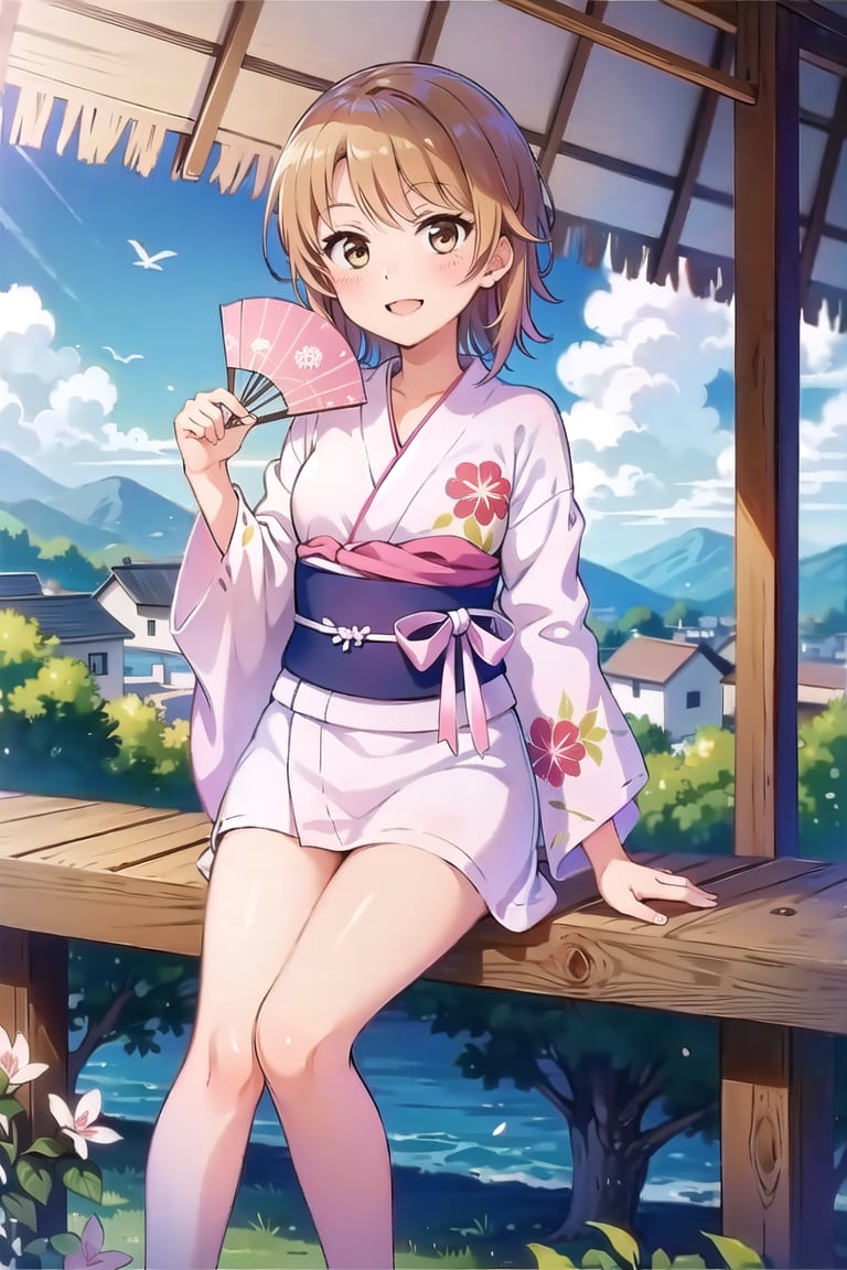 Masterpiece,Best  Quality, High Quality, (Sharp Picture Quality), Brown hair, short hair, Pink yukata, beautiful background with a fan, summer tradition, best smile, beautiful landscape, blue sky, piece,,Sitting,,Slender legs,<lora:EMS-306201-EMS:1.000000>