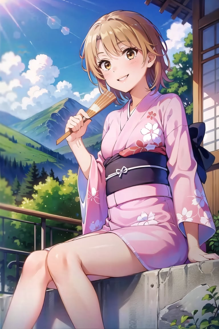 Masterpiece,Best  Quality, High Quality, (Sharp Picture Quality), Brown hair, short hair, Pink yukata, beautiful background with a fan, summer tradition, best smile, beautiful landscape, blue sky, piece,,Sitting,,Slender legs,<lora:EMS-306201-EMS:1.000000>