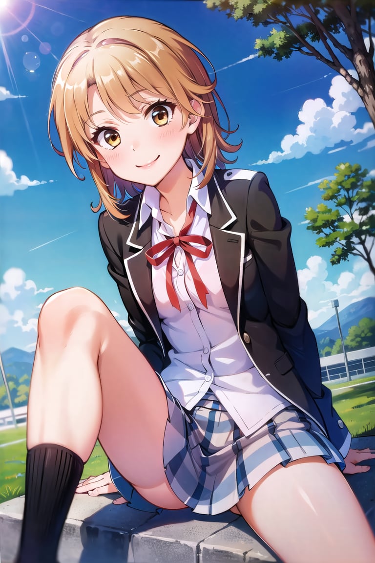 Masterpiece,Best  Quality, High Quality, (Sharp Picture Quality), Brown hair, short hair, uniform, black jacket, red ribbon, pink browser, check skirt, pleated skirt, best smile, schoolyard, beautiful landscape, school, blue sky, piece,,Sitting, panchira, strong wind,Spread legs to the left and right,Slender legs,<lora:EMS-306201-EMS:1.000000>