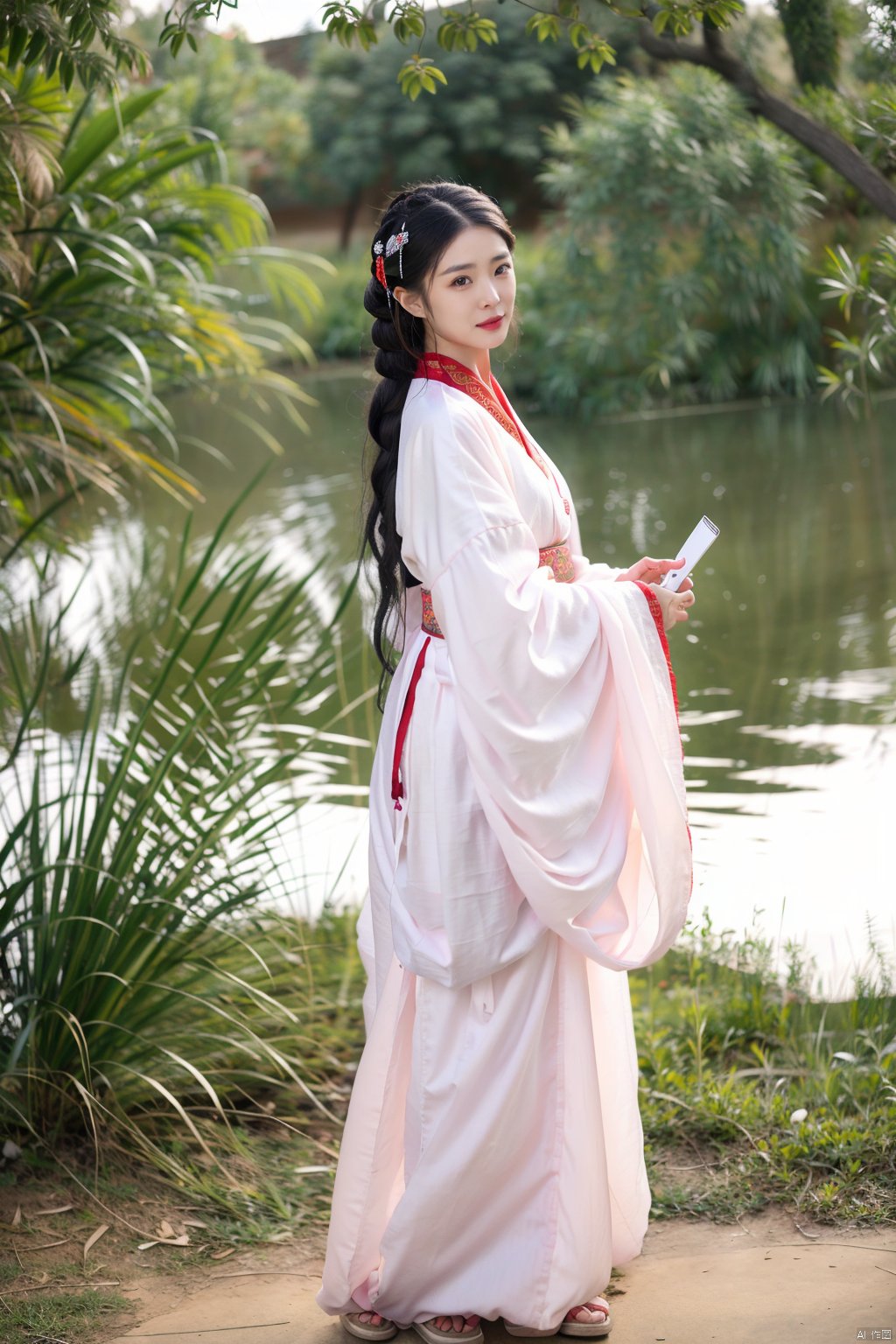 1girl, solo, black hair, sash, makeup, chinese clothes, lipstick, hand fan, realistic, hanfu, hanfu weijin