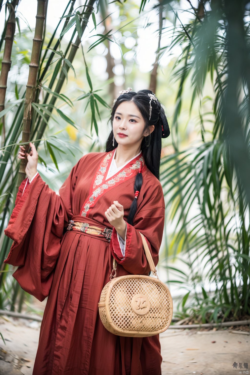 1girl, solo, long hair, black hair, hair ornament, bag, blurry, black eyes, chinese clothes, realistic, bamboo, hanfu, hanfu zhanguo