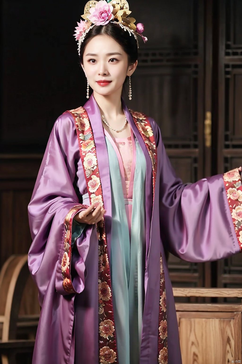 1girl, solo, black hair, hair ornament, brown eyes, jewelry, flower, hair flower, necklace, chinese clothes, robe, realistic, hanfu, hanfu song