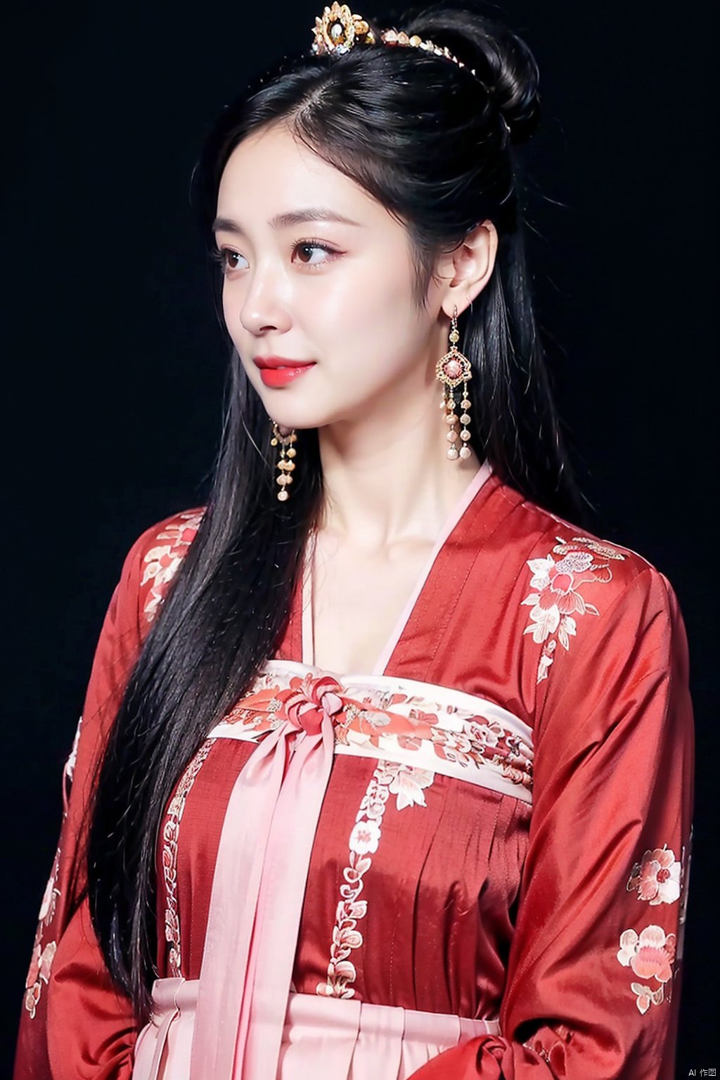 1girl, solo, long hair, simple background, black hair, dress, brown eyes, jewelry, upper body, earrings, looking to the side, makeup, looking away, chinese clothes, floral print, realistic, korean clothes, hanfu, hanfu tang