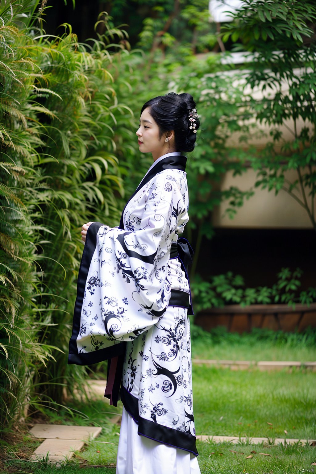 1girl, solo, black hair, japanese clothes, kimono, profile, grass, plant, realistic, hanfu, hanfu han