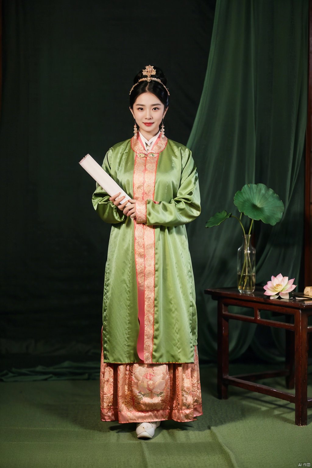 1girl, solo, looking at viewer, black hair, hair ornament, dress, holding, jewelry, standing, full body, flower, earrings, black eyes, chinese clothes, curtains, hand fan, realistic, folding fan, holding fan, lotus, hanfu, hanfu ming