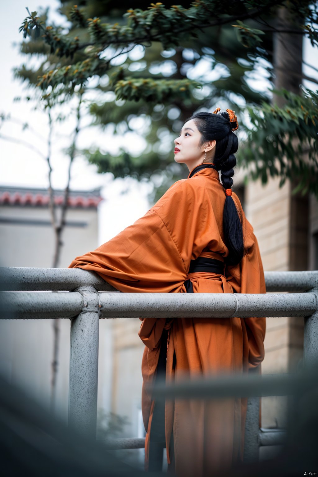 1girl, solo, long hair, black hair, hair ornament, ponytail, outdoors, japanese clothes, looking back, kimono, hair bun, from behind, blurry, lips, sash, profile, makeup, depth of field, blurry background, looking up, lipstick, realistic, railing, red lips, orange kimono, hanfu, hanfu zhanguo