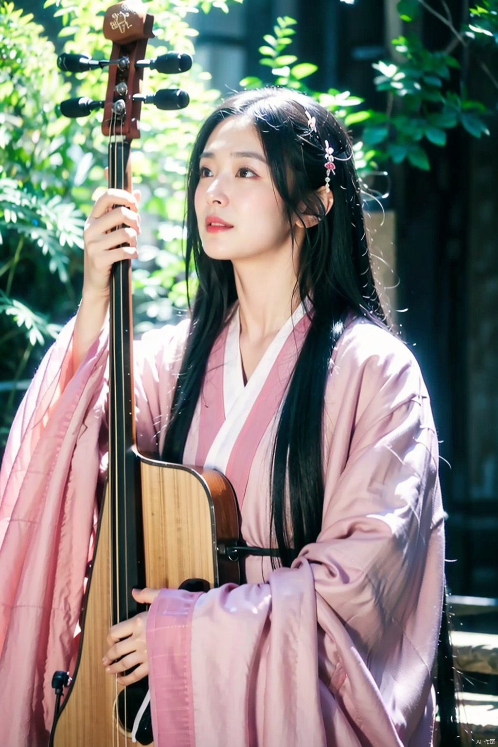 1girl, solo, long hair, black hair, long sleeves, holding, upper body, outdoors, parted lips, japanese clothes, day, wide sleeves, blurry, black eyes, lips, looking away, instrument, microphone, realistic, music, guitar, holding instrument, hanfu, hanfu weijin