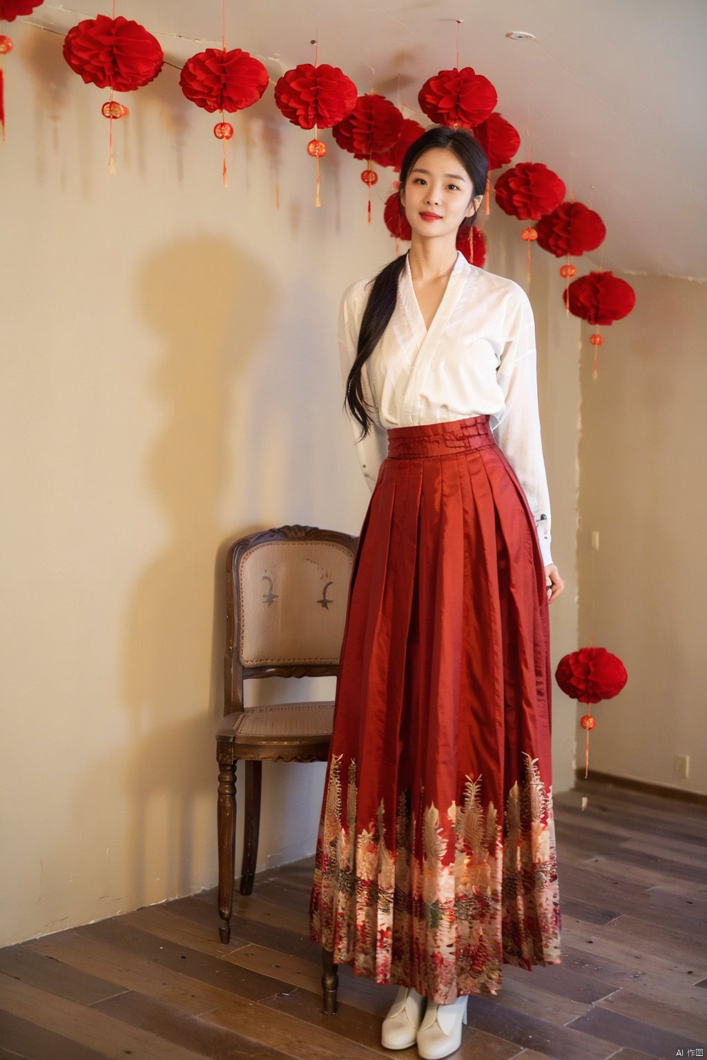 1girl, solo, long hair, skirt, shirt, black hair, long sleeves, standing, full body, white shirt, flower, lips, red skirt, chair, arms behind back, hair over shoulder, long skirt, wooden floor, realistic, red lips, korean clothes, hanbok, hanfu, hanfu ming