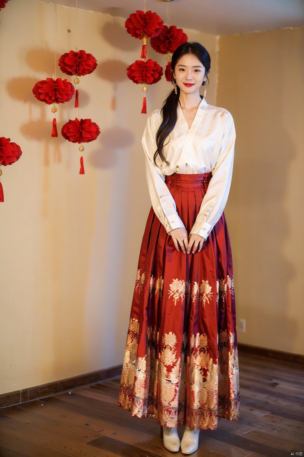 1girl, solo, long hair, looking at viewer, smile, skirt, shirt, black hair, long sleeves, jewelry, standing, full body, white shirt, flower, earrings, mole, black eyes, red skirt, hair over shoulder, long skirt, wooden floor, realistic, red lips, korean clothes, traditional clothes, hanbok, hanfu, hanfu ming