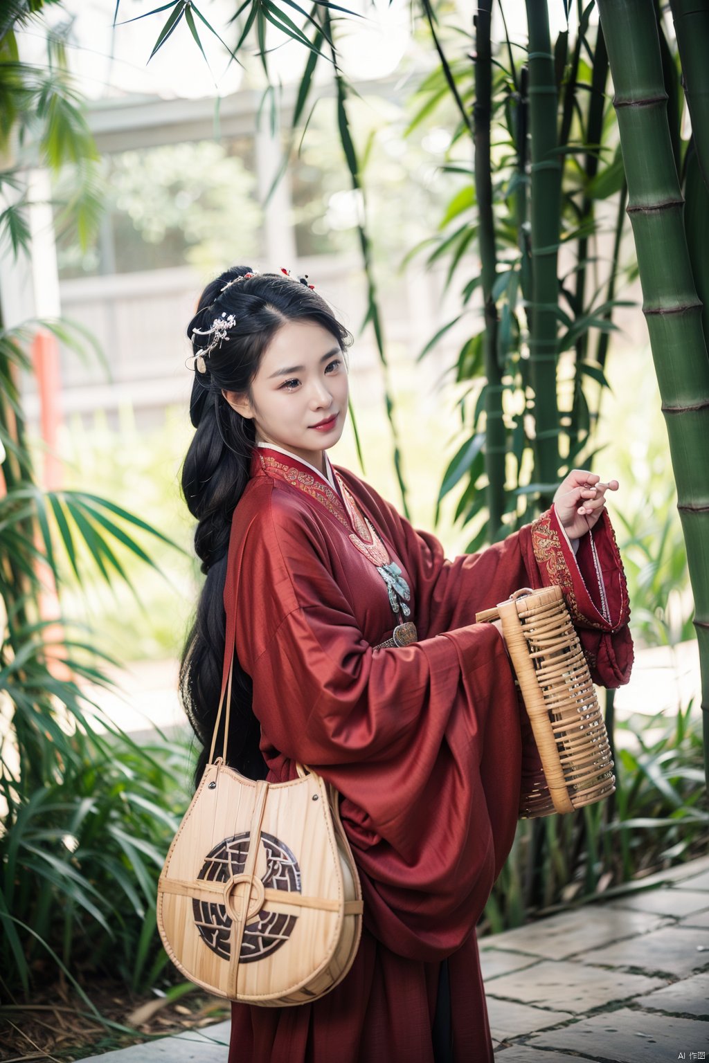 1girl, solo, long hair, black hair, hair ornament, bag, blurry, black eyes, chinese clothes, realistic, bamboo, hanfu, hanfu zhanguo