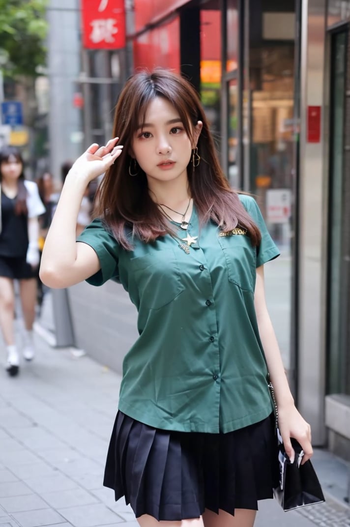 young Taiwanese Girls with long hair, big breasts,(((star necklace))),((large earrings)), wearing  Taiwan uniform, miniskirt ,（walking  in taipei  city with shopping bag ) , (Taipei), (((twuniform))),((no text))
, ((jing))