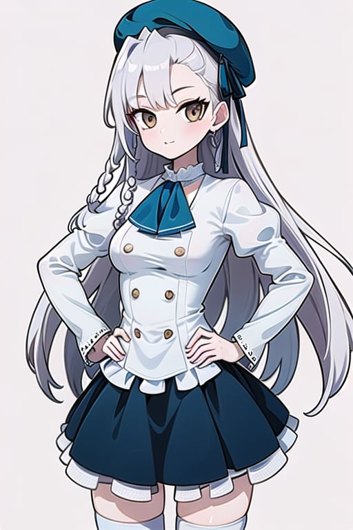 Crescent\(dimensionality of Morpheus\),1girl, (solo), (adult:1.3),
looking at viewer, closed mouth, stand, highres, side, hands on hips, bishoujo, shoujo, 
cowboy shot, simple background, white background,
very long hair, white hair, (braid:1), bangs, brown eyes, medium breasts, beret, blue headwear with ribbon,
white ascot, blue sleeves, (white vest:1.1), double-breasted vest, 
long sleeves, puffy sleeves, juliet sleeves, frills,
frilled dress, (blue skirt:1.1), zettai_ryouiki,
white thighhighs, black boots, kneeboots,
highres,
(perfect detailed face), ((clear face)), perfect body, standard body, detailed eyes, beauty, normal body, 
beautiful face, ((clear details)), 
(highly detailed), masterpiece, ((best quality)), illustrations,