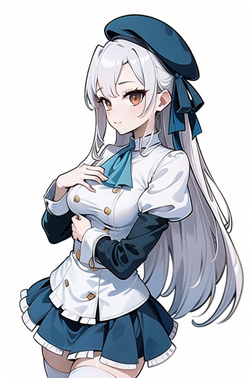 Crescent\(dimensionality of Morpheus\),1girl, (solo), (adult:1.3),
looking at viewer, closed mouth, stand, highres, side, hands on hips, bishoujo, shoujo, 
cowboy shot, simple background, white background,
very long hair, white hair, (braid:0.8), bangs, brown eyes, medium breasts, beret, blue headwear with ribbon,
white ascot, blue sleeves, long sleeves, puffy sleeves, juliet sleeves, (white vest:1.1), double-breasted vest, 
 frills,
frilled dress, (blue skirt:1.1), zettai_ryouiki,
white thighhighs, black boots, kneeboots,
highres,
(perfect detailed face), ((clear face)), perfect body, standard body, detailed eyes, beauty, normal body, 
beautiful face, ((clear details)), 
(highly detailed), masterpiece, ((best quality)), illustrations,