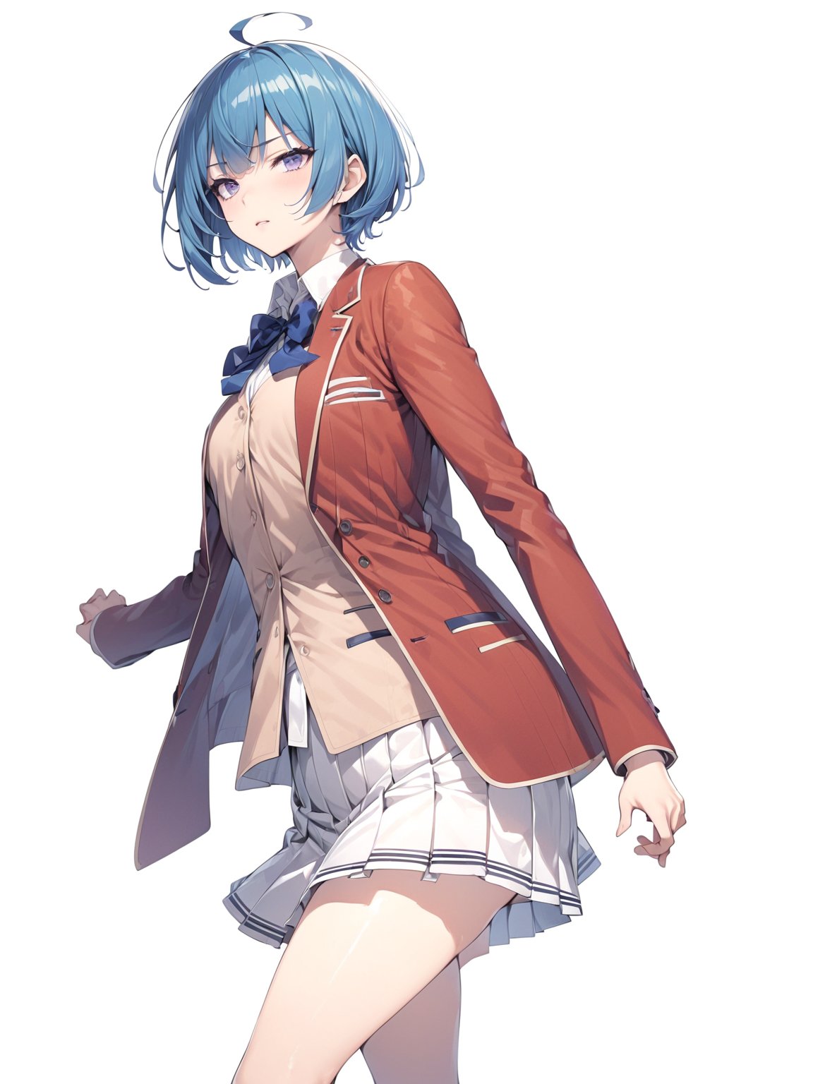 //Quality,
masterpiece, best quality, detailed
,//Character,
, IbukiMio, 1girl, solo, breasts, short hair, bangs, blue eyes, blue hair, purple eyes, ahoge, shiny hair
,//Fashion,
school uniform, red jacket, open clothes, blue bow, collared shirt, pleated skirt, black footwear, white socks
,//Background,
simple background, white background, 
,//Others,
standing