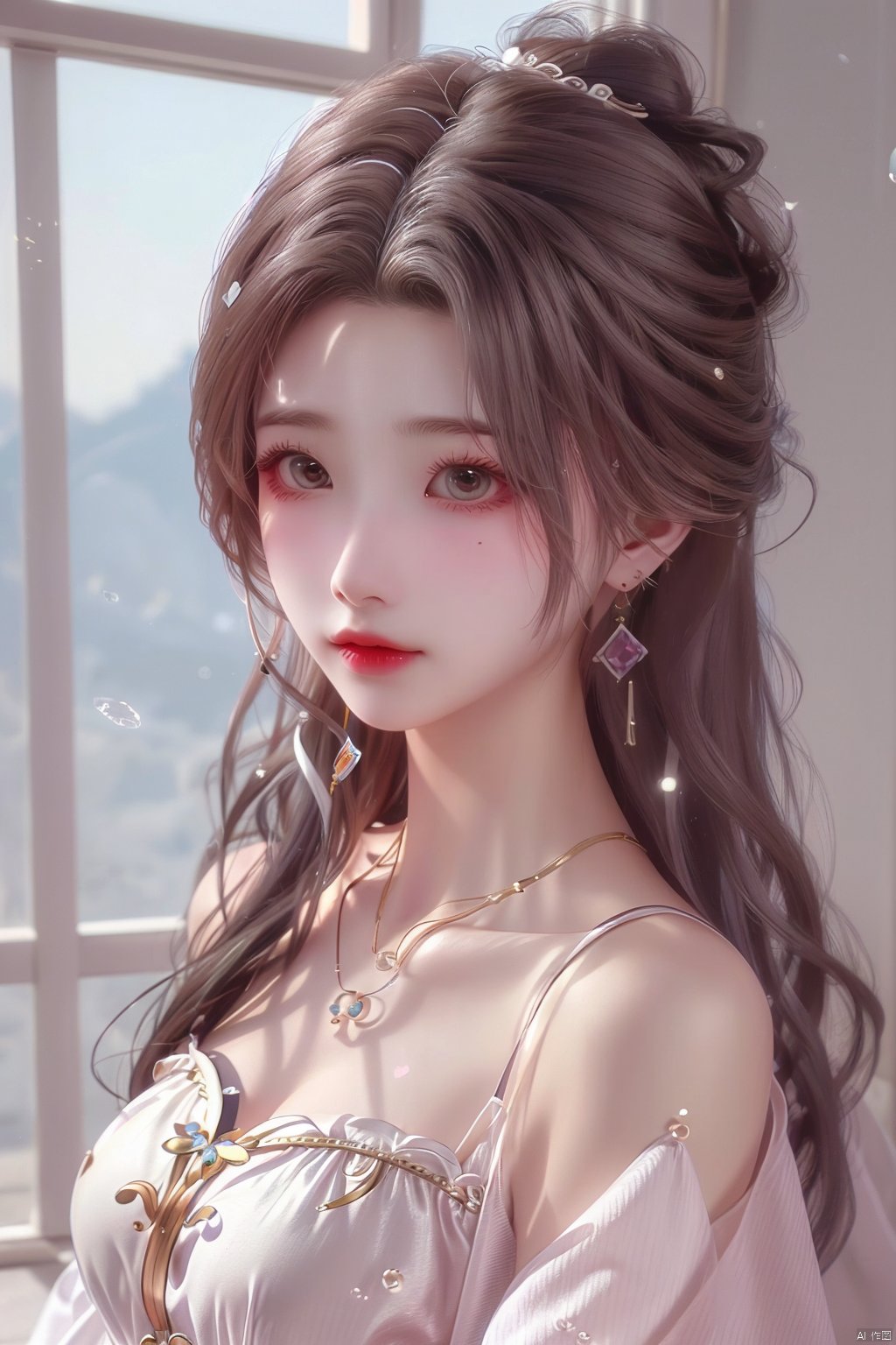  1girl,solo,long hair,black hair,hair ornament,dress,jewelry,upper body,earrings,necklace,hair bun,white dress,facial mark,forehead mark, (\meng ze\), qingyi