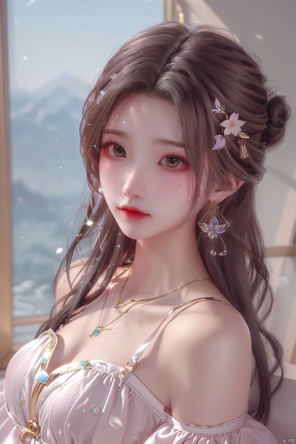  1girl,solo,long hair,black hair,hair ornament,dress,jewelry,upper body,earrings,necklace,hair bun,white dress,facial mark,forehead mark, (\meng ze\), qingyi