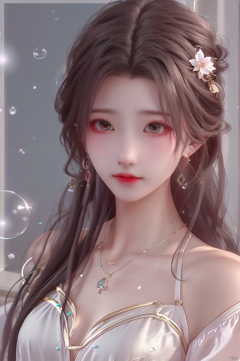  1girl,solo,long hair,black hair,hair ornament,dress,jewelry,upper body,earrings,necklace,hair bun,white dress,facial mark,forehead mark, (\meng ze\), qingyi