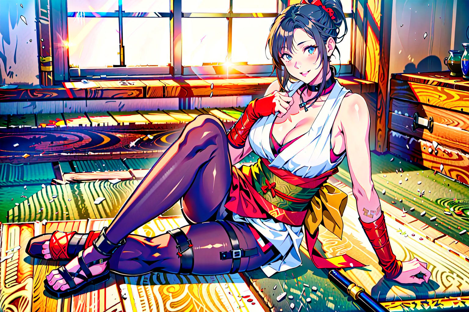 {{masterpiece}},illustration,portrait,solo,masterpiece,best quality,black hair,kunoichi,ninja,ponytail,japanese clothes,fingerless gloves,sleeveless,large_breasts,cleavage,(pantyhose),tabi,sandalsincredibly absurdres,highres,high detail eyes,sitting,window,smile,indoors,bar,sake,hand on thigh,full_body