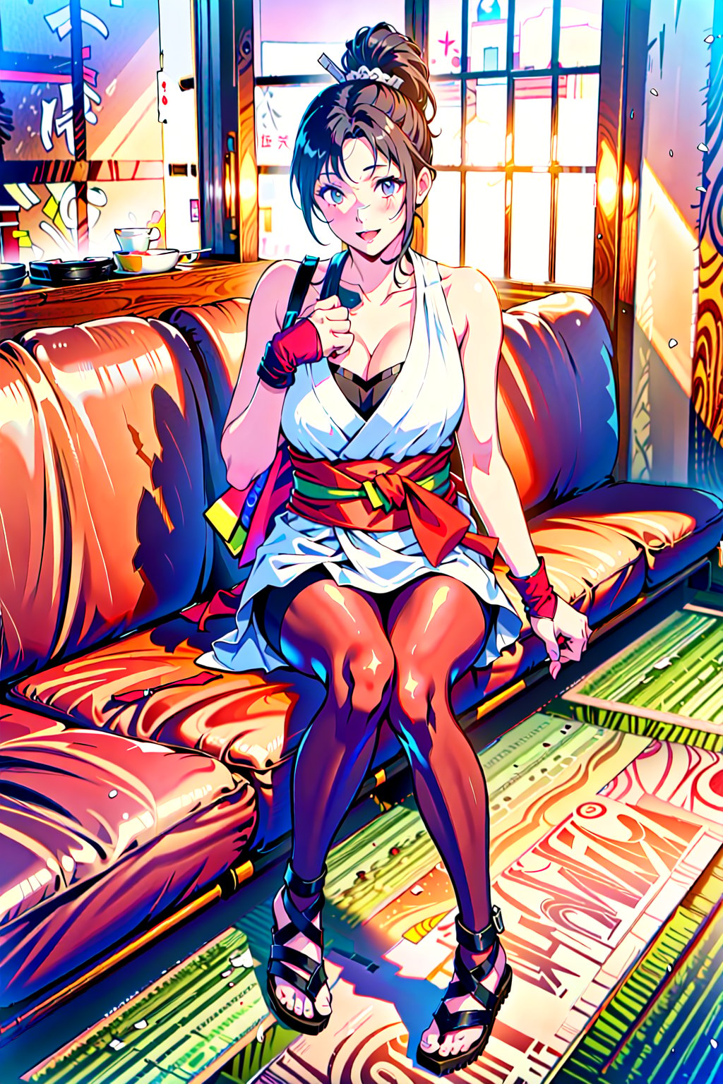 {{masterpiece}},illustration,portrait,solo,masterpiece,best quality,black hair,kunoichi,ninja,ponytail,japanese clothes,fingerless gloves,sleeveless,large_breasts,cleavage,(pantyhose),tabi,sandalsincredibly absurdres,highres,high detail eyes,sitting,window,smile,indoors,bar,sake,hand on thigh,full_body