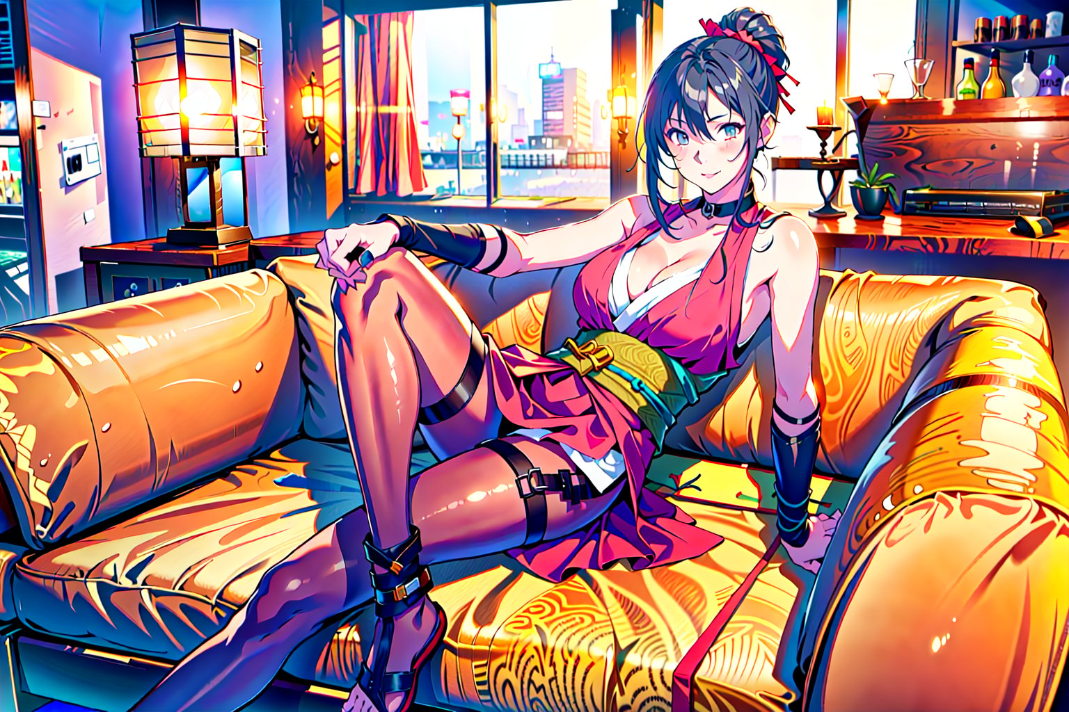 {best quality},{{masterpiece}},illustration,portrait,solo,masterpiece,best quality,black hair,kunoichi,ninja,ponytail,japanese clothes,fingerless gloves,sleeveless,large_breasts,cleavage,pantyhose,tabi,sandalsincredibly absurdres,highres,high detail eyes,sitting,window,smile,indoors,bar,sake,hand on thigh,game cg,full_body